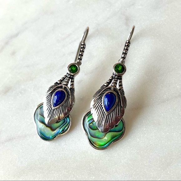 Pacific Style Jewelry - Abalone, Lapis, Chrome Diopside Rhodium over Sterling Silver Feather Earrings